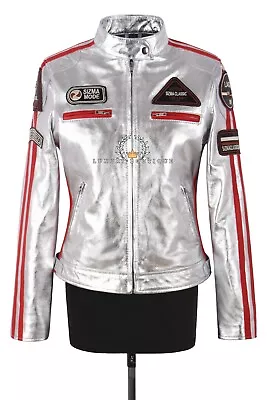 Buy SIZMA Ladies Foiled Real Leather Jacket Gold/Silver Retro Biker Style Jessica • 139.99£