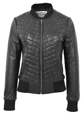 Buy Womens Real Leather Bomber Jacket Quilted Zip Up Varsity Style Sally Black • 114.81£