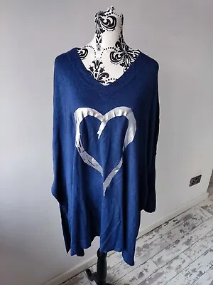 Buy Made In Italy Womens Navy Blue Heart Silver Casual Winter Jumper Pullover 24 26 • 8.99£