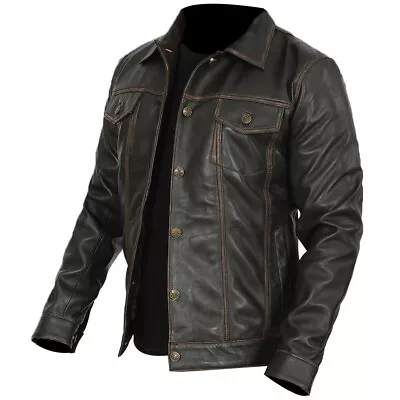 Buy Mens New Denim Style Western Vintage Trucker Cowboy Distressed Leather Shirt • 74.88£