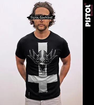 Buy Pistol Boutique Men's Black Standard Crew SWALLOW HEART CROSS T-shirt LARGE • 13£