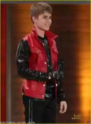 Buy Men Justin Bieber Slim Fit Black & Red Trucker Biker Bomber Real Leather Jacket • 69.32£