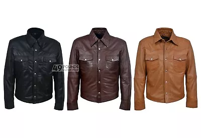 Buy Men's Black Adjustable Collar Casual Retro Soft Real Leather Shirt Jacket M-114 • 41.65£