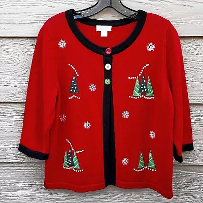 Buy Red Christmas Cardigan Sweater SZ Small 3/4 Slv Applique Trees Cardigan Cotton • 12.57£