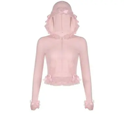 Buy Zipper Hoodie Sweet Pink Lace Ruffled Hem Kawaii Casual Basic Slim Cropped • 23.60£