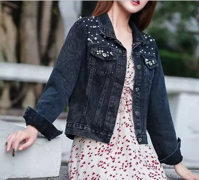 Buy Women's Pearl Denim Jacket Casual Loose Fit Biker Jeans Outwear Coat Plus Size • 17.59£