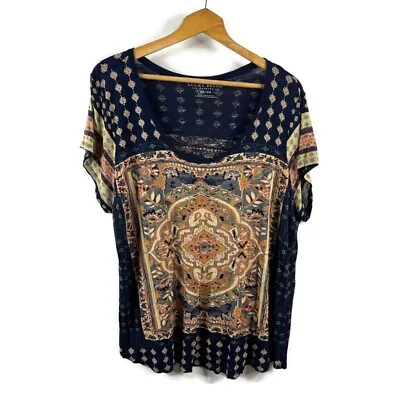 Buy Lucky Brand Womens T-Shirt Top Size 2X Navy Blue Indonesian Print Short Sleeve • 19.28£