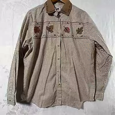 Buy Capacity Vintage Button Up Shirt Large Brown Striped Fall Leaf Embroidered • 17.88£