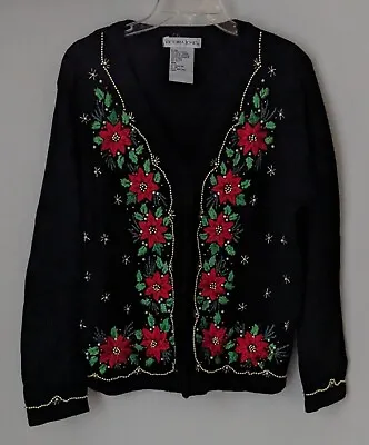 Buy VJ VTG Sweater M Christmas Poinsettias Black Beaded Pearls Button Up Cardigan • 24.01£