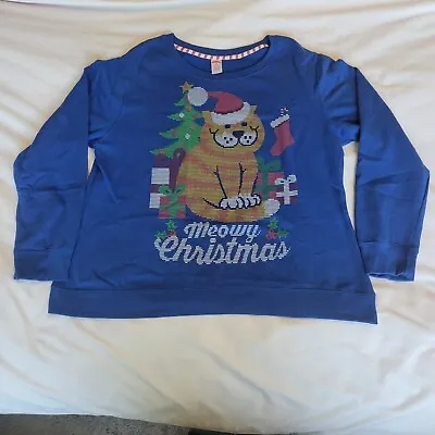 Buy Holiday Time Meowy Christmas Festive Holiday Blue Women XL Crew Neck Sweatshirt  • 7.55£