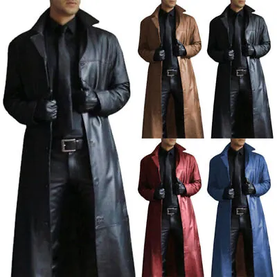 Buy Retro Men Faux Leather Trench Coat Long Coat Full Length Overcoat Winter Jacket • 37.19£