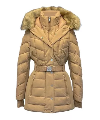 Buy Michael Michael Kors Belted Puffer Faux Fur Trim Hooded Coat Jacket Dark Camel M • 140.80£