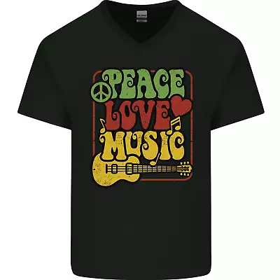 Buy Peace Love Music Guitar Hippy Flower Power Mens V-Neck Cotton T-Shirt • 9.99£