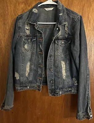 Buy Highway Jeans Distressed Dirty Fit Denim Jean Jacket Womens Sz M Pockets Grunge • 12.28£