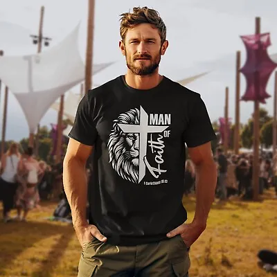 Buy Man Of Faith T-Shirt | Religious Christian Lion & Cross Inspirational Gift • 12.95£