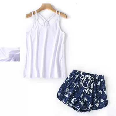 Buy 2Pcs Ladies Strappy Vest Tops Shorts Pyjamas Summer Set Loungewear Nightwear PJs • 8.39£
