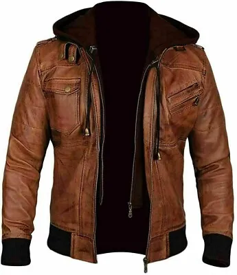 Buy Mens Motorcycle Bomber Wex Hoodie Retro Brown Biker Slim Fit Real Leather Jacket • 66.77£