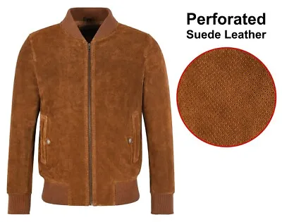 Buy Men's Perforated Tan Suede Bomber Jacket Casual Fashion Real Leather Jacket 6006 • 129.72£