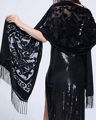 Buy Velvet Vintage Style Scarf/shawl , Rich Blac Beautiful Design , Cape/ Wrap /goth • 12.95£