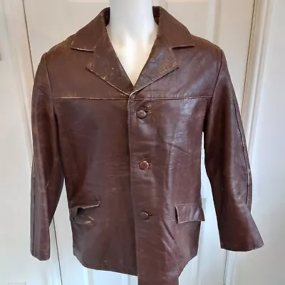 Buy Vintage Brown Leather Jacket 60s 70s Worn 40  Medium 416 • 39£