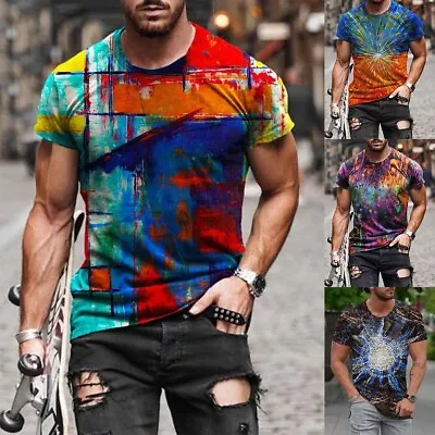 Buy T-Shirt Men's Short Sleeve 3D Print Abstract Painting Crew Neck T-shirt • 11.24£