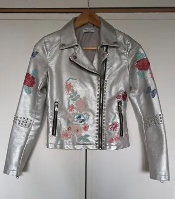 Buy Glamorous Petite Metallic Faux Leather Jacket Floral Embroidery Size 6 • 48£