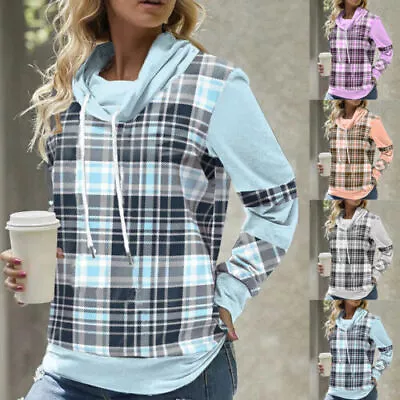 Buy Womens Check Plaid Hoodies Sweatshirt Long Sleeve Hooded Tops Blouse Size 6-16 • 14.09£