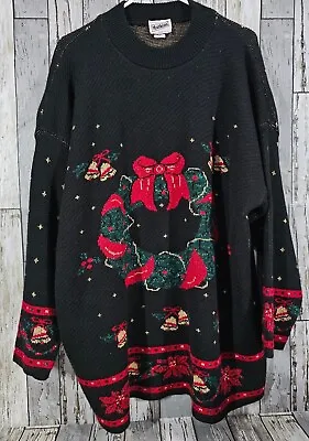 Buy Vtg Mathias Christmas Sweater Black Red Metallic Wreath Poinsettia Woman Sz 2X • 47.25£