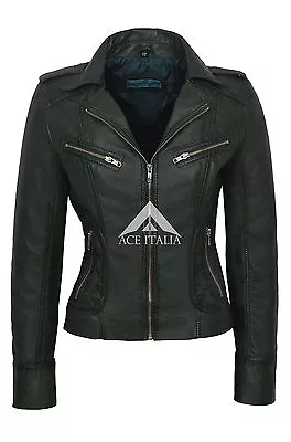 Buy RIDER Ladies Green WASHED Biker Style Soft REAL Lambskin Leather Jacket • 95.80£