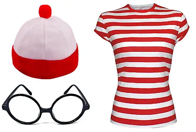 Buy Mens Adults Wally Book Week Red & White Striped T-Shirt Hat Nerd Glasses Set Fan • 5.99£