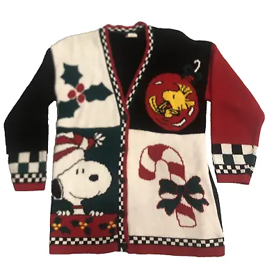 Buy Snoopy And Friends Christmas Cardigan Sweater Woodstock Size Medium Vintage 90s • 37.95£