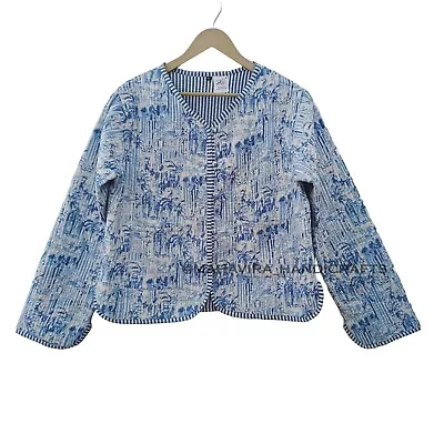 Buy Indian Blue Floral Print Cotton Both Side Wear Short Quilted Gypsy Biker Jacket • 41.16£