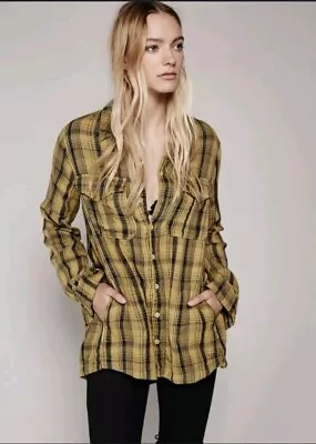 Buy Free People X CP Shades Cotton Double Cloth Plaid Top Button Shirt Mustard Small • 46.12£