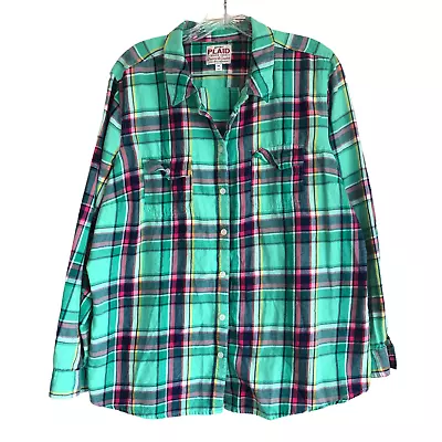 Buy Old Navy Plaid Women's Flannel Shirt Size XXL Green 100% Cotton Long Sleeve • 31.71£