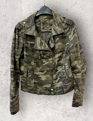 Buy Ladies Cotton Khaki Camouflage Short Biker Jacket Size 14 • 10£