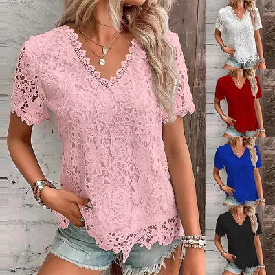 Buy Womens V-Neck Lace T-Shirt Tops Ladies Short Sleeve Summer Casual Loose Blouse • 11.99£