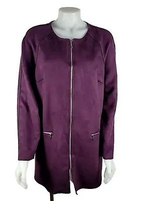 Buy NWT - Chicos Zip Pocket Long Faux Suede Deep Berry Jacket Sz 2 /US Large 12 • 43.78£