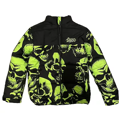 Buy Psychworld Black And Green Skull Logo Puffer Jacket • 80£