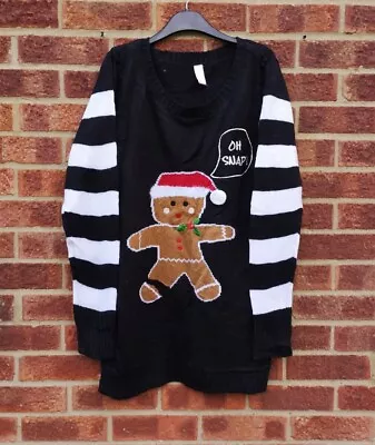 Buy Vtg Black Christmas Jumper Gingerbread White Striped Sweater Patterned Top Xmas • 30£