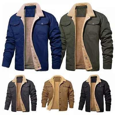 Buy Men Winter Coat Fleece Cargo Jacket 4 Pockets Lapel Collar Trucker Cotton Work • 23.99£