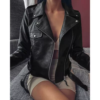 Buy Women Ladies Faux Leather Lapel Collar Biker Jacket Slim Fit Zipper Outwear Coat • 27.37£