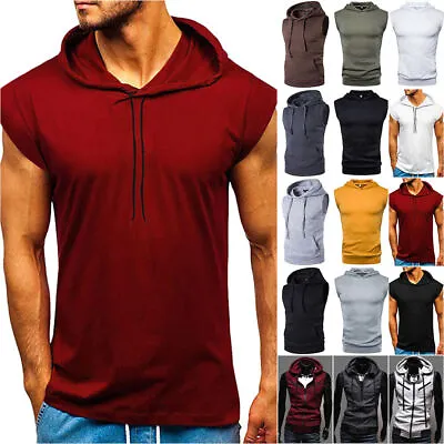 Buy Men Vest Hooded Tank Top Workout Hoodie Muscle Tee Casual T-Shirt Sleeveless Gym • 15.99£