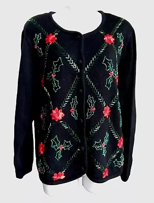 Buy Beaded Christmas Cardigan Womens Medium  Sweater Black Green Holly • 16.99£