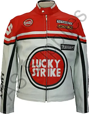 Buy LUCKY STRIKE Leather Motorcycle Jacket - White/Red - Classic Biker • 155.94£
