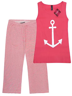 Buy Ladies Pure Cotton Pyjama Set Pink Print Cropped Women's Nightwear Size 10-12 • 9.98£