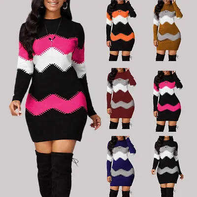 Buy Womens Colorblock Mini Jumper Dress Ladies Xmas Party Knitted Sweater Bodycon • 13.99£