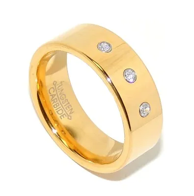 Buy Traditional 14K Gold Plated 3 Clear CZs Mens Tungsten Anniversary Wedding Ring • 16.96£