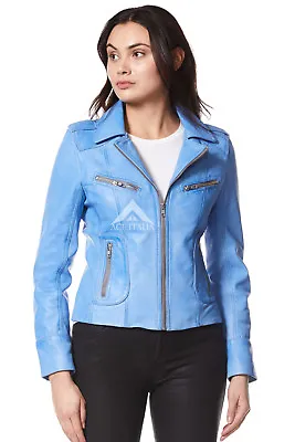 Buy RIDER Ladies Blue Crust Biker Motorcycle Style Real Italian Leather Jacket 9823 • 93.66£
