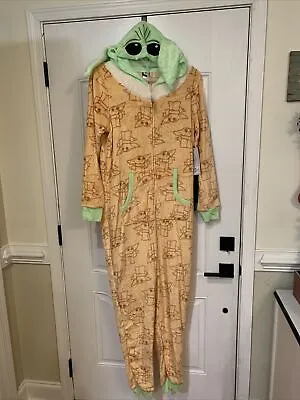 Buy Star Wars Mandalorian Grogs Baby Yoda Hooded Nonfooted 1 Piece Zip Adult Pajamas • 13.67£