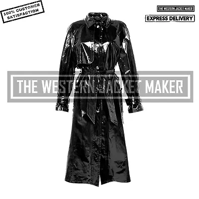 Buy Women Vinyl Trench Coat Faux Patent Leather Black Latex Women Belted Waist Coat • 133.19£